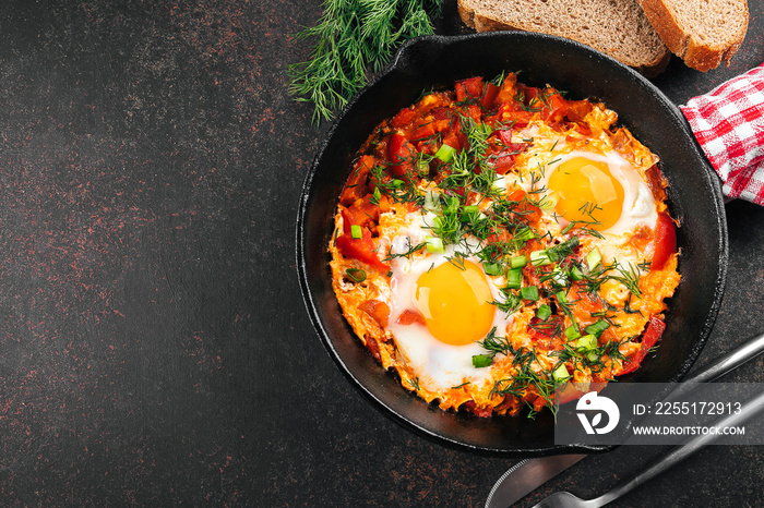 Breakfast food concept. Shakshuka with eggs, tomato, and dill in iron pan. Top view, copy space