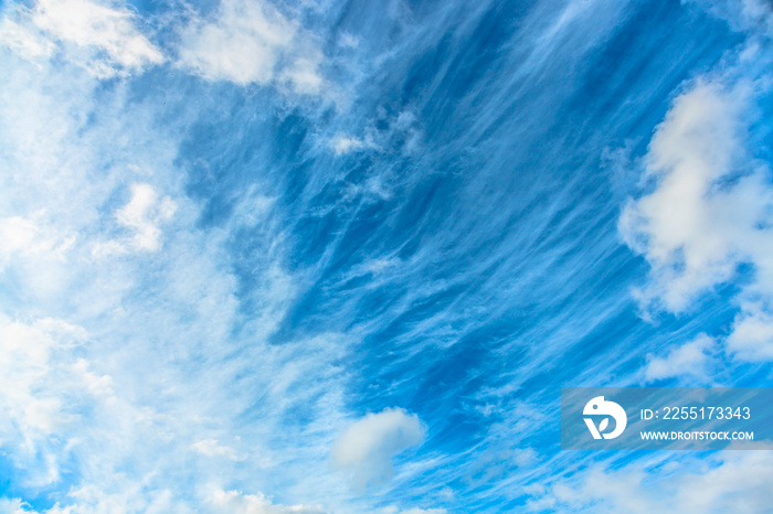 Background of fluffy clouds moving over blue sky in a sunny day with copy space.