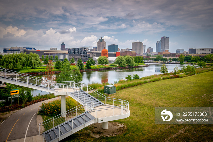 City views of the South Side of Milwaukee, WI with dramatic Summer storm clouds