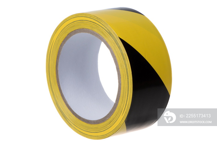 Roll of black and yellow tape for fencing, close-up on a white background isolated