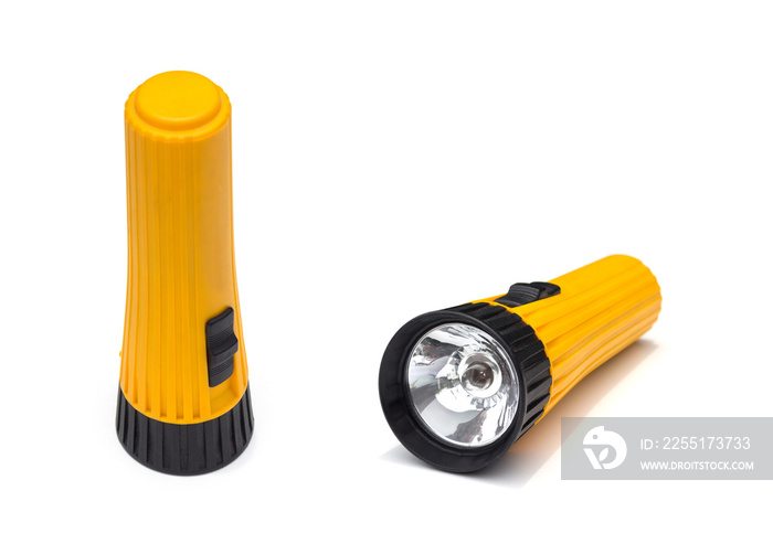 yellow electric flashlight with simple design isolate on white background