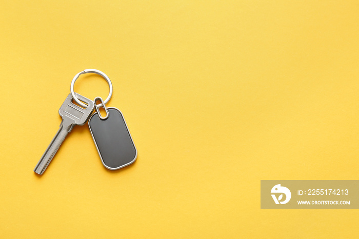 Key with stylish keychain on color background