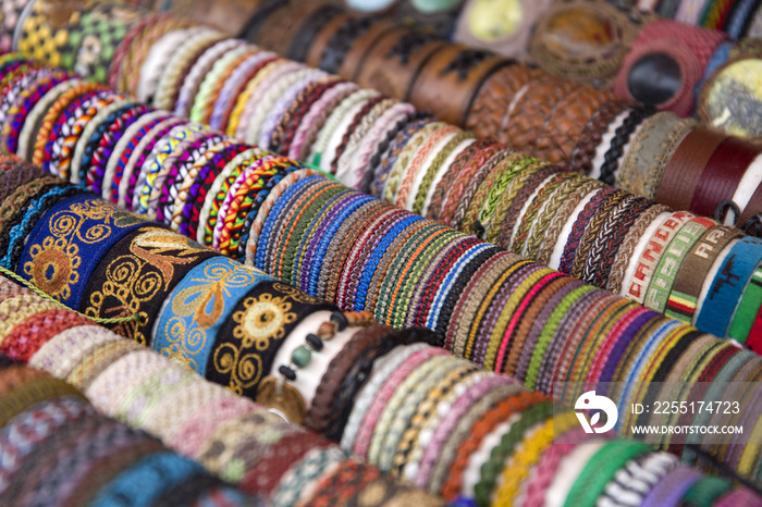 Colorful traditional Bolivian fabrics on the market