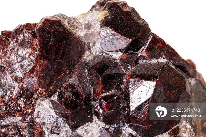 Macro stone garnet mineral on white background