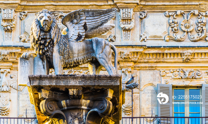 The famous lion’s statue in the Piazza Erbe square in Verona, Italy