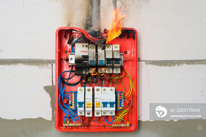 Burning switchboard from overload or short circuit on wall close-up. Circuit breakers on fire and smoke from overheating due to poor connection or poor quality wires. Faulty electrical wiring concept