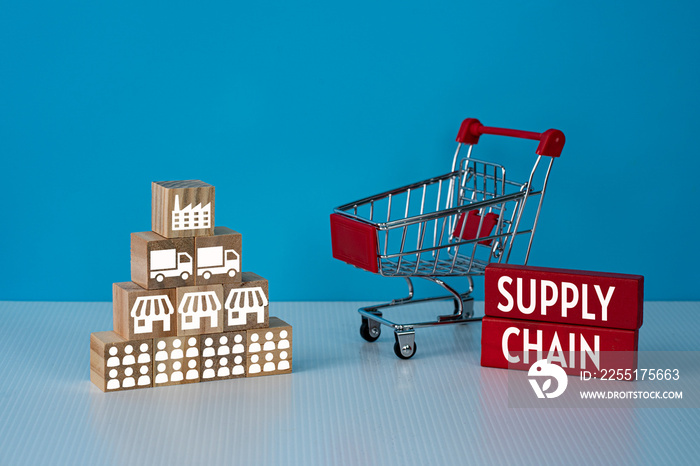 Business concept. Supply chain management. Layout of wooden blocks with icons and text, shopping trolley.