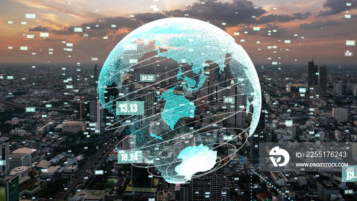 Global connection and the internet network modernization in smart city . Concept of future 5G wireless digital connecting and social media networking .