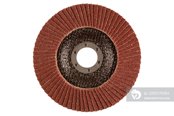 Angle grinder flap disc for grinding and finishing. Abrasive disc for polishing. Wood grinding wheel with high grinding efficiency. Close Up. Isolated on white background.