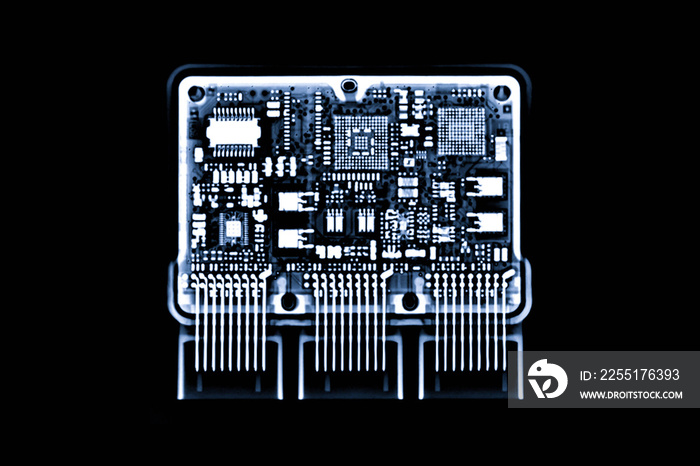 X-ray image of engine control unit or ECU in Motorcycle is a type of electronic control unit that controls a series of actuators on an internal combustion engine to ensure optimal engine performance.