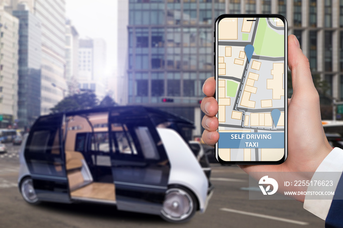 Control of self driving bus by mobile app. Hand with phone on a background of autonomous vehicle with open door.