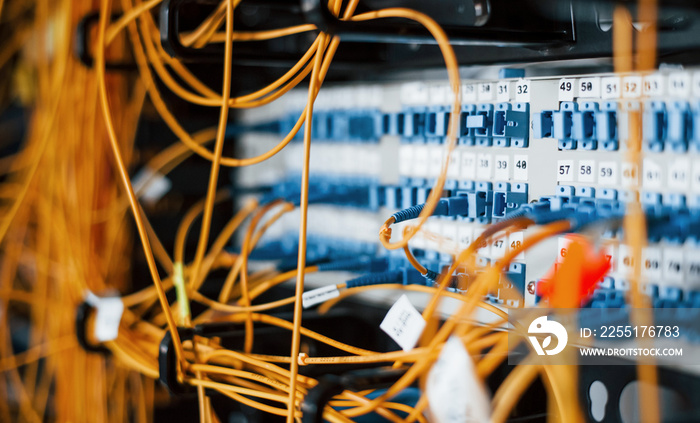 Close up view of internet equipment and cables in the server room