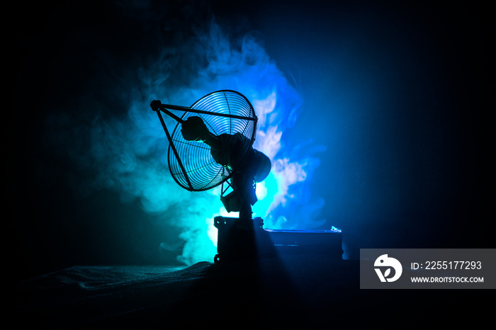 Silhouettes of satellite dishes or radio antennas against night sky. Space observatory.