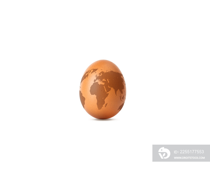 Earth is in the shape of an egg isolated on a white background with shadow. Concept of world Easter celebration or international egg day. World egg day. Food day concept.