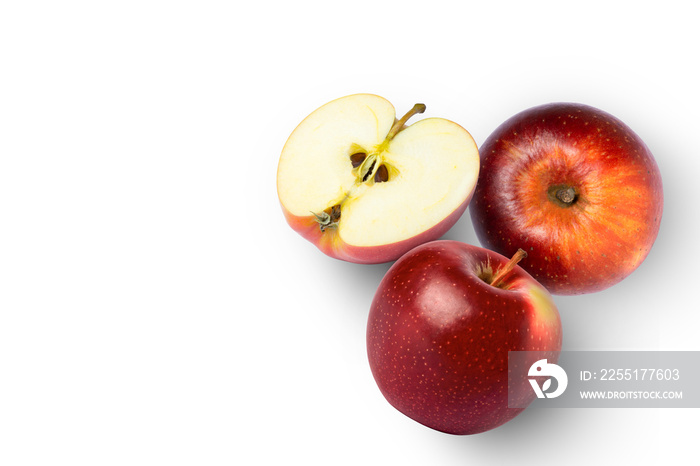 Red apple with cut in half sliced isolated on white background. Top view. Flat lay. Copy space.