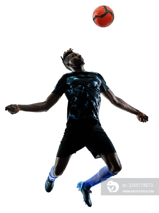 one african soccer player man playing in studio isolated on white background