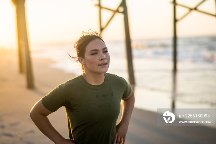 Marine veteran trains every morning on the beach to stay in shape just like when she was on active duty.