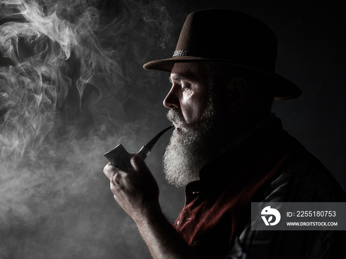 dramatic portrait of senior man in hat smoking tobacco pipe. Profile view of Austrian, Tyrolean, Bavarian old man