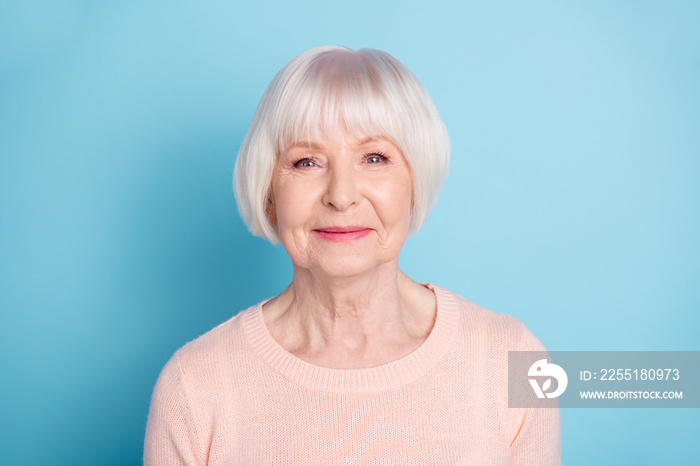 Close-up portrait of her she nice-looking attractive lovely well-groomed content cheery peaceful gray-haired lady isolated over bright vivid shine blue green teal background