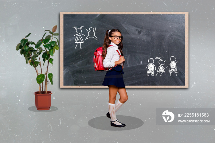 Creative collage portrait of cheerful little girl stand near black board drawing small kids tree plant isolated on grey background