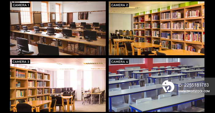 Composite of views from four security cameras in different areas at a school