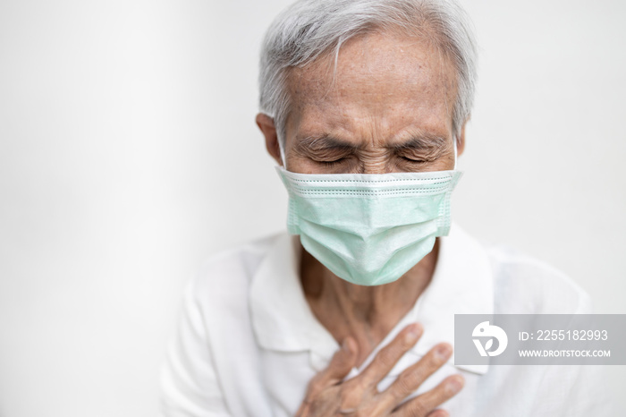 Asian old elderly have difficulty breathing,tired patient suffering from pain,chest feel tight,acute dyspnea,asthma,shortness of breath,illness,problems of respiratory,pneumonia disease,lung infection