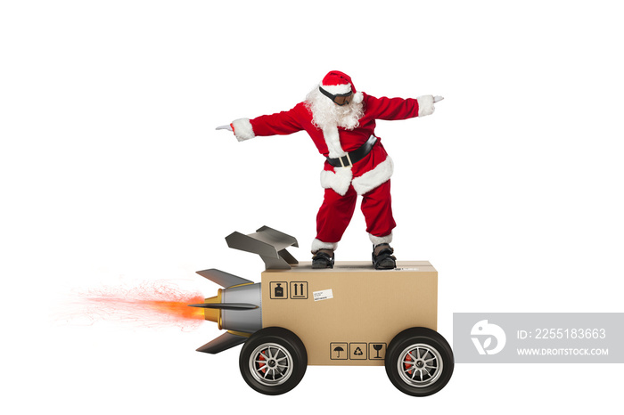 Sants Claus and super fast delivery of package service with box like a rocket.