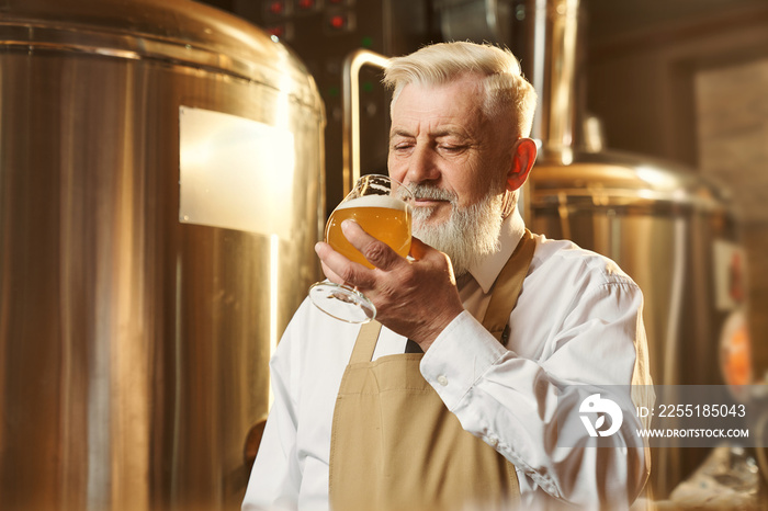 Man standing in brewery and tasting light beer