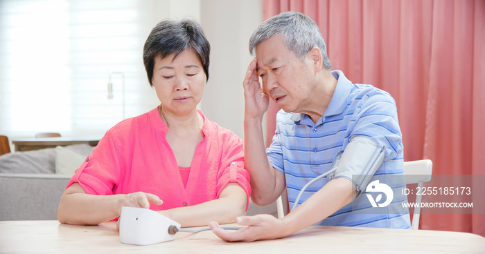 elder couple use blood manometer