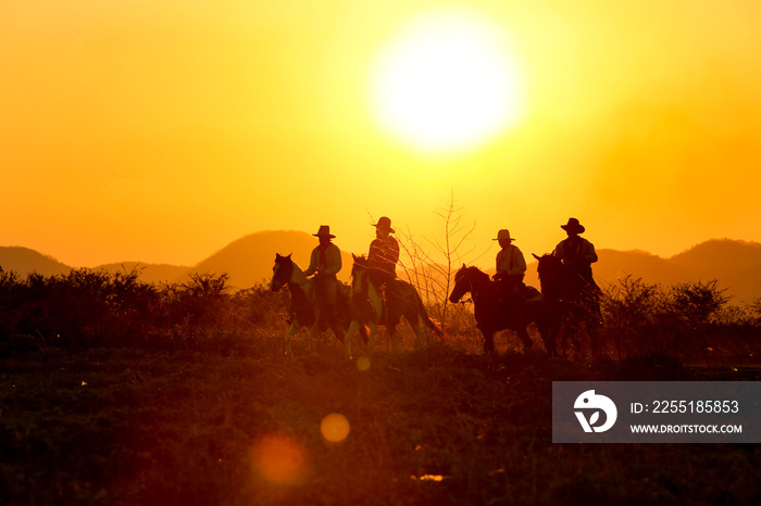 cowboy and horse  at first light,mountain, river and lifestyle with natural sunset light background