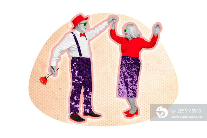 Creative trend collage of dancing romantic pensioners couple marriage granddad grandmom rose flower party fancy stylish sparkling sequins