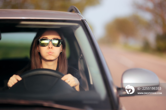 Stressed Female Driver on a Summer Vacation Road Trip