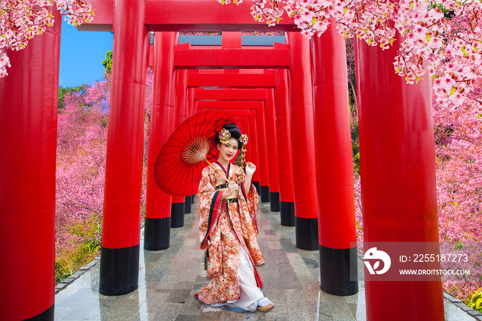 Young women wearing traditional Japanese Kimono at Japanese castle