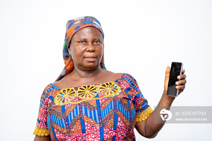 image of african mother holding smart phone in a white background