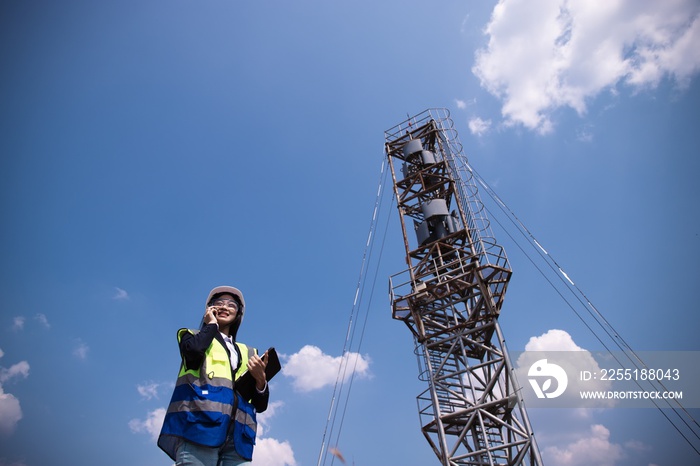 Beautiful female engineer is happily using a mobile phone.female Asian worker in a hard hat,reflective vest, holding a tablet, is happy to connect via the Internet. remote telephone receiver signal.