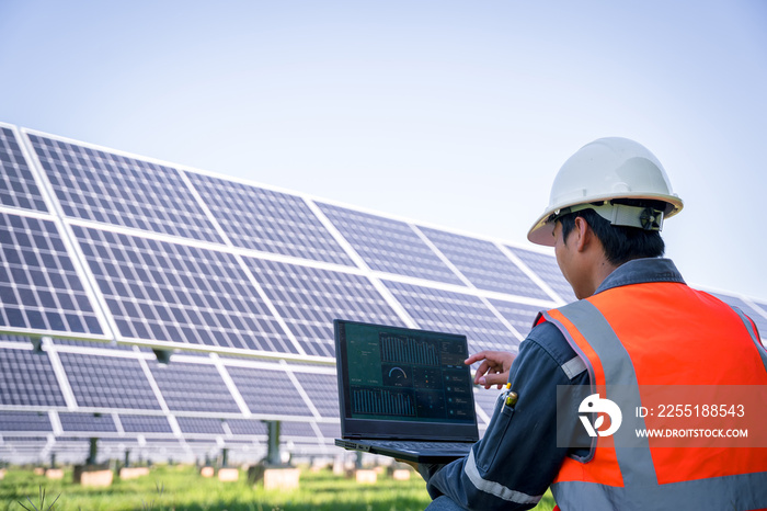 The solar farm(solar panel) with engineers check the operation of the system, Alternative energy to conserve the world’s energy, Photovoltaic module idea for clean energy production