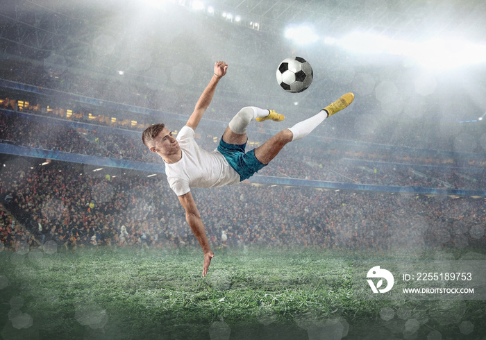 Soccer player on a football field in dynamic action at summer da