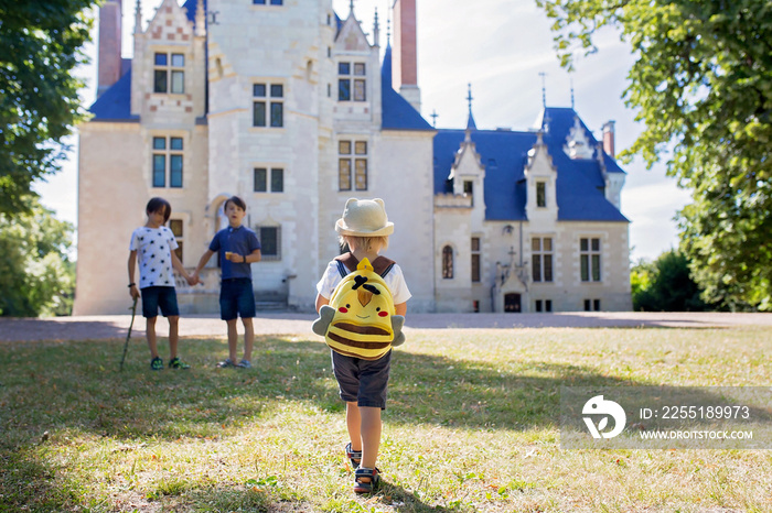 Children, walking together in park in front of castle