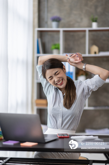 Busy business asian woman Sad, tired or exhausted at office. Stressful work, Stress at workplace. Busy business asian woman, Project failure, Workaholic. Unhappy female clerk sitting at desk.