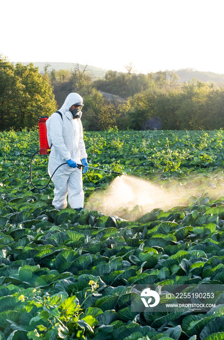 farmer spraying pesticide field mask harvest protective chemical