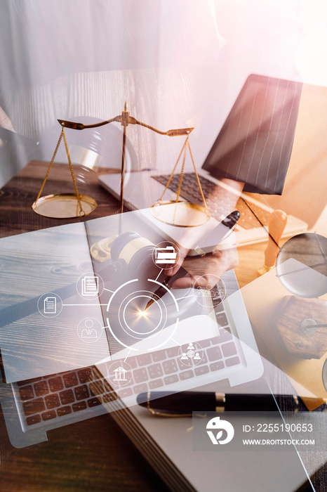 Business and lawyers discussing contract papers with brass scale on desk in office. Law, legal services, advice, justice and law concept picture with film grain effect