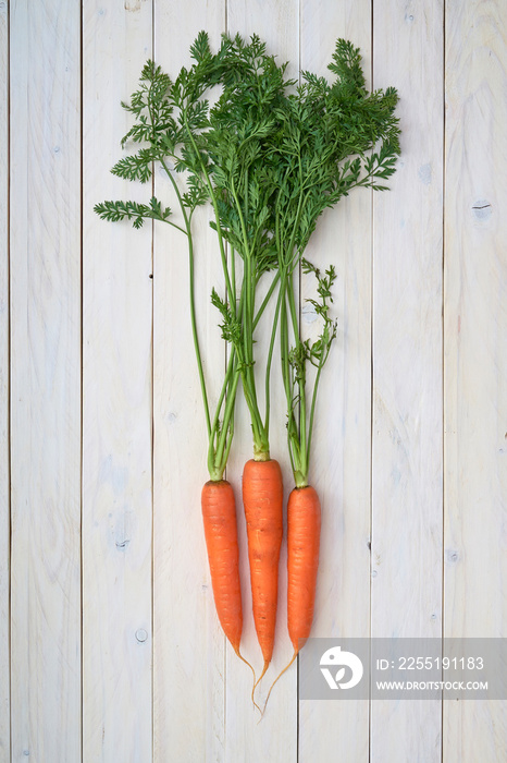 Bunch of fresh carrots with green leaves over white wooden background