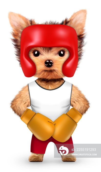 Funny dog wearing boxing helmet and belt