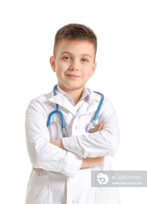 Cute little doctor on white background