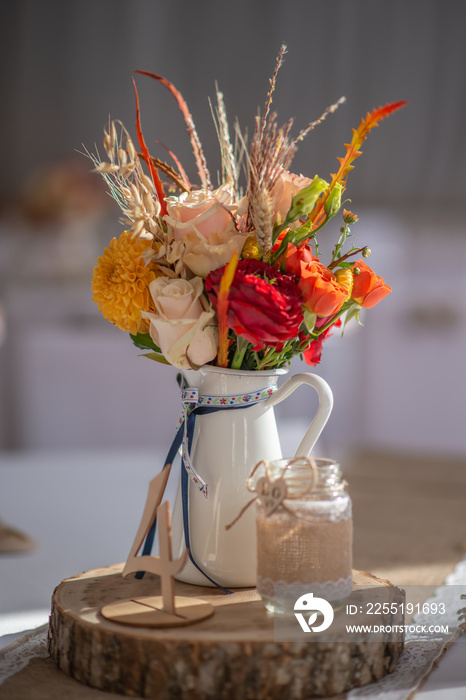 Beautiful restaurant interior table decoration for wedding or event. Flower Wedding Table Decoration/ Autumn colors.