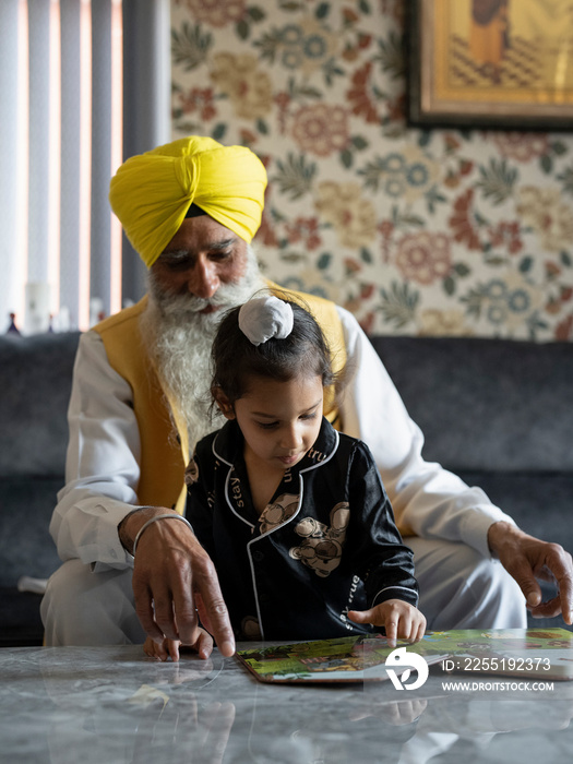 Grandfather playing with grandson (2-3) at home