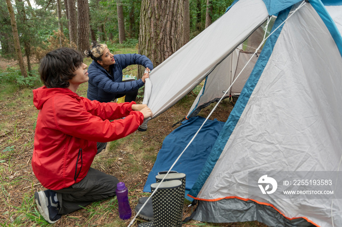 Mother and son setting up tent in forest