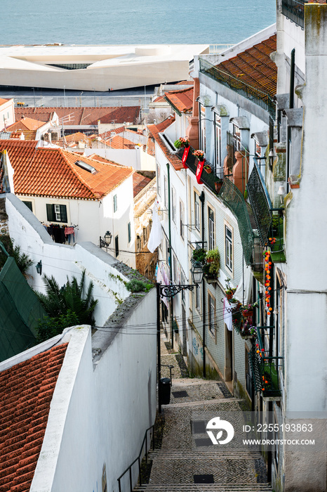 Narrow street and steps in Alfama in Lisbon