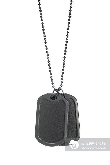 Two of rubber edge black military dog tag hanging with necklace are overlap isolated on white background