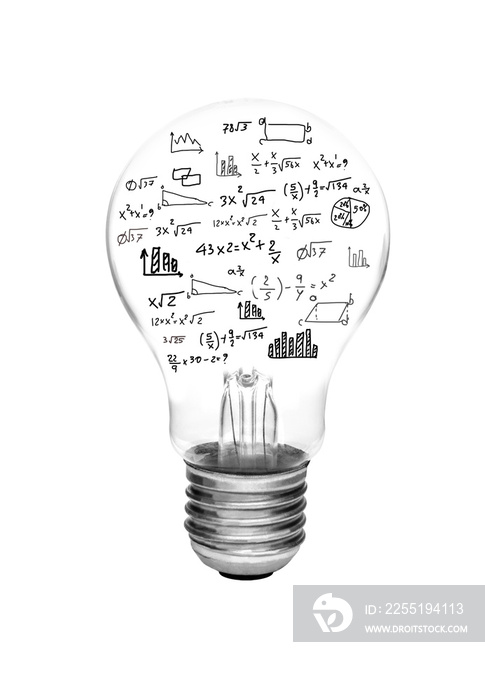 idea concept - light bulbs with bright glowing with math formula and graph isolated on white background.